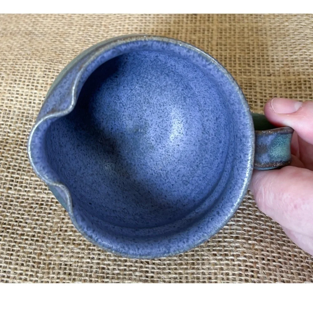 Signed Blue Green Art Pottery Creamer Bolbous Coastal Grandma Fairy Core Boho
